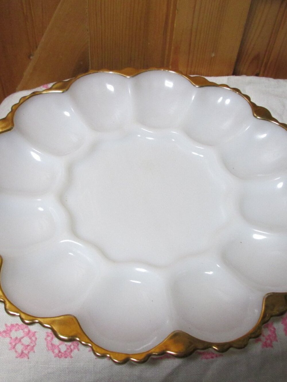 vibrant mint milk glass deviled egg plate rich deep gold trim